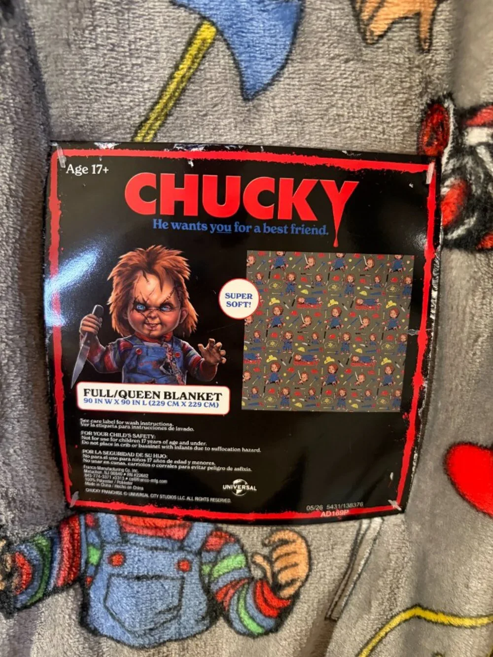 Chucky Child's Play Plush Blanket Full Queen 90x90 Horror Halloween NWT
